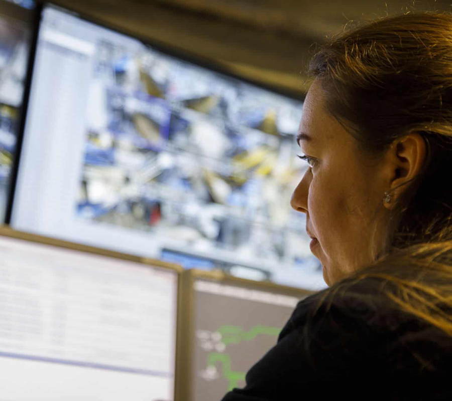 Woman in front of screens using ai-powered warehouse automation software