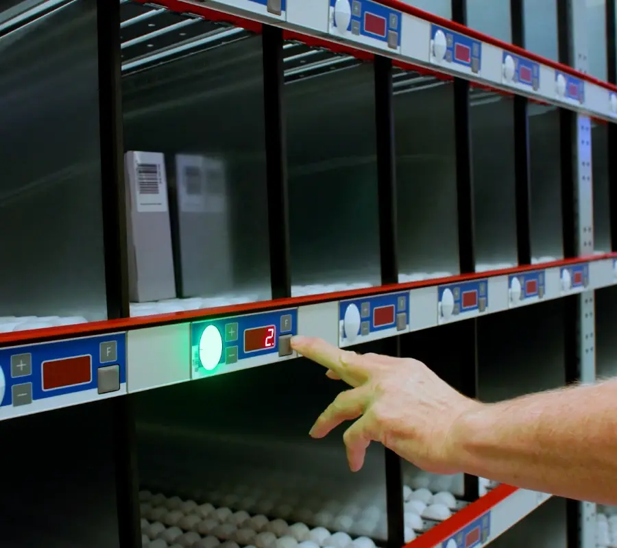 A warehouse worker uses a pick-to-light digital display to manage order fulfillment.