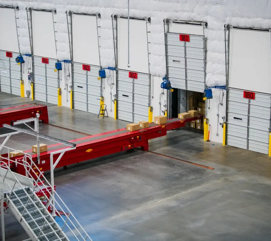 Boxes move on an automated conveyor system at a warehouse loading dock.