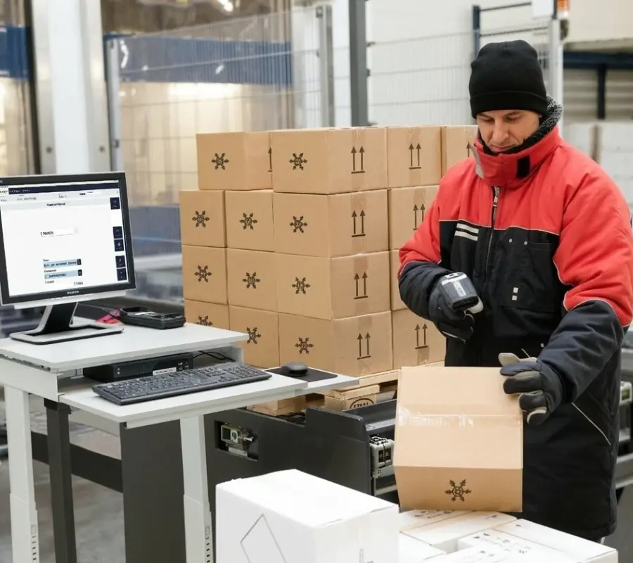 Warehouse worker scanning a box in a temperature-controlled food retail distribution center.