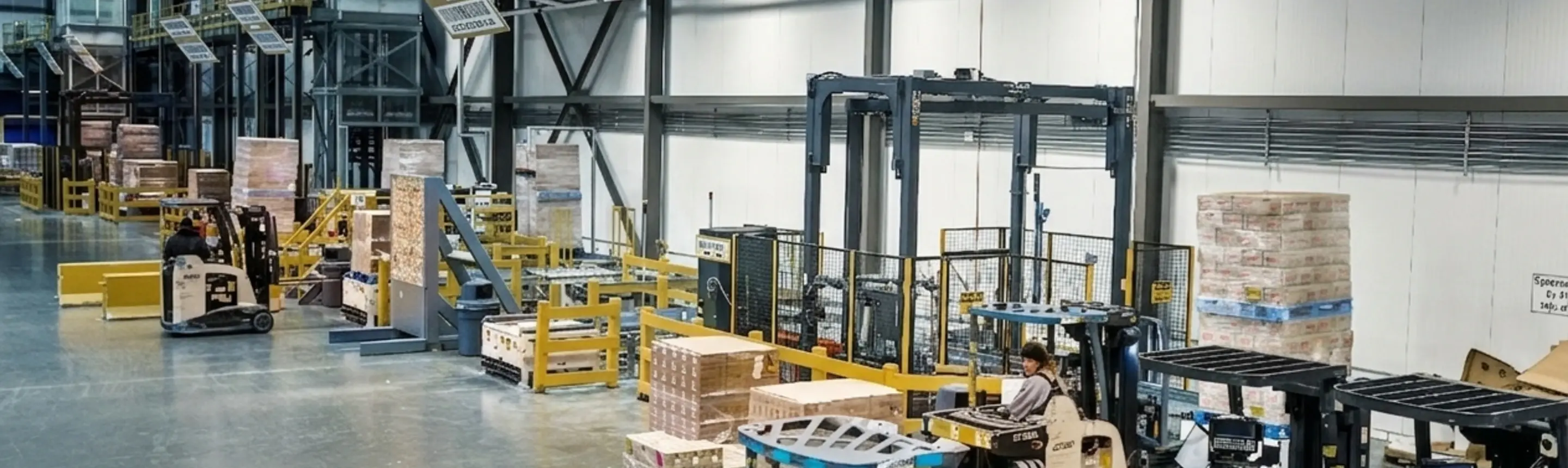 automated warehouse for food beverage grocery distribution with automated pallet handling and fork trucks