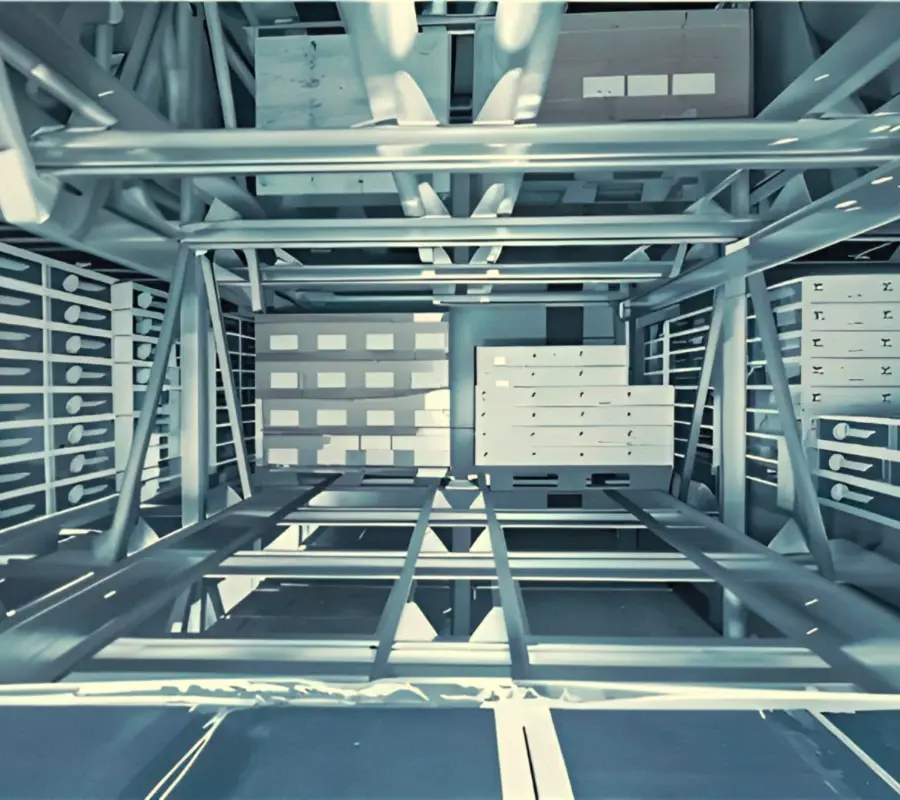Automated pallet shuttle system storing goods in high-density warehouse racking.