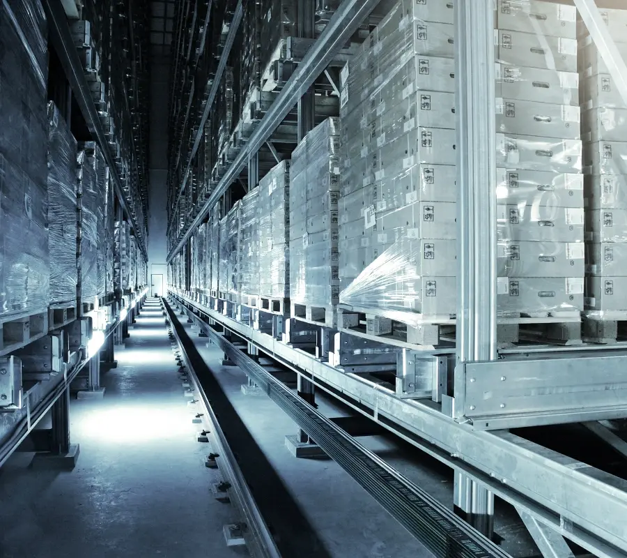 Automated pallet storage and retrieval system (ASRS) in a high-density industrial warehouse.