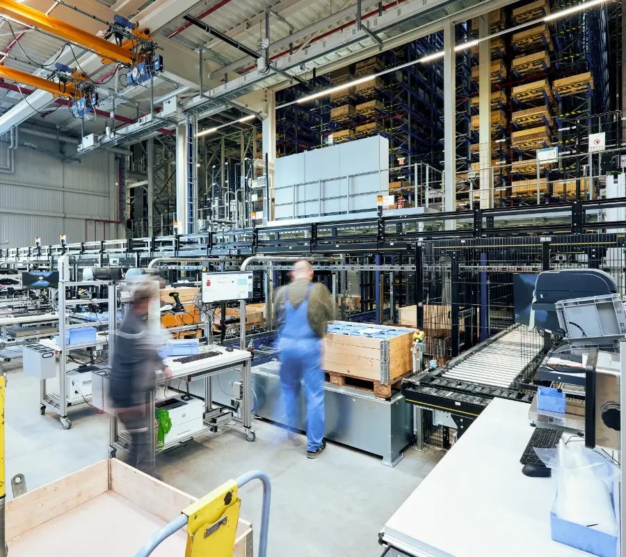 Warehouse employees using a goods-to-person conveyor system for efficient order fulfillment.