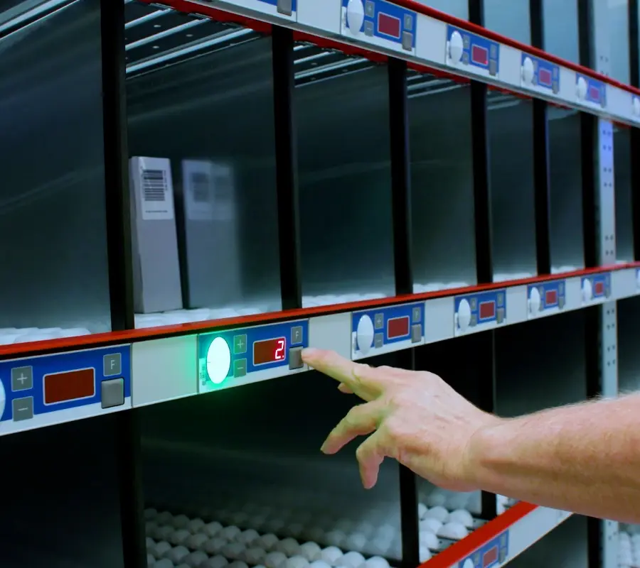 Worker uses a pick-to-light system for efficient goods-to-person order fulfillment in a warehouse.